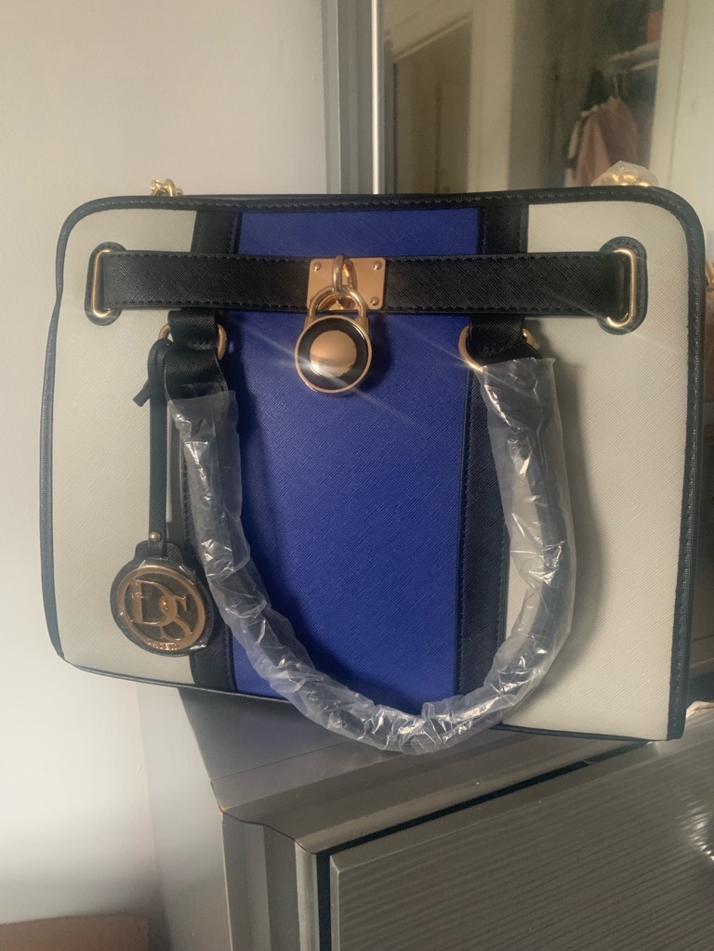 Structured Colorblock Satchel Handbag - Blue, White & Black